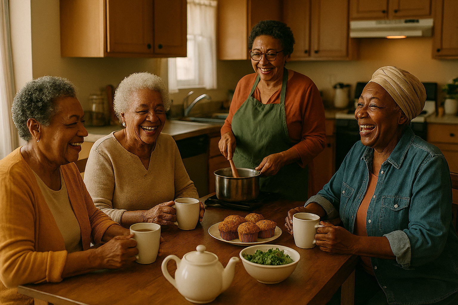 A group of elderly Black women gather in a sunlit kitchen, sipping tea and preparing food together. Their expressions glow with joy, wisdom, and the comfort of shared tradition.