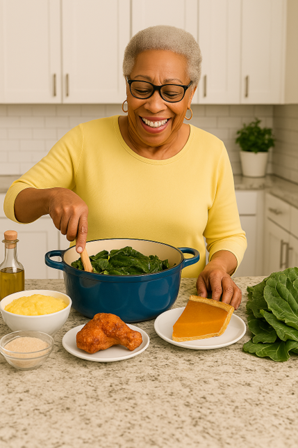 Soul Food Modern Vibes: Black woman cooking healthy greens. Happy African American Lady Cooking a Healthy Meal, Elderly African Female in the Kitchen cooking
