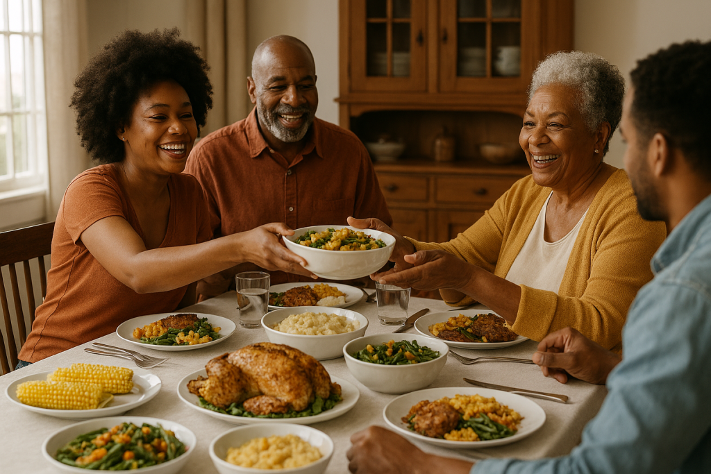 Legacy Storytelling for Black Elders: African American elders and youth gathered around a Sunday dinner table, sharing a meal in a warm, sunlit dining room filled with laughter and legacy.