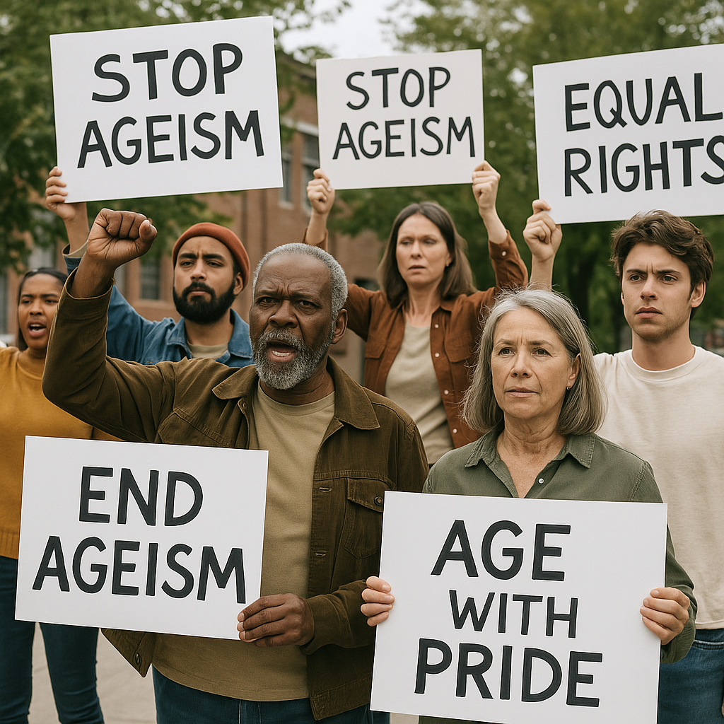 A group of people protesting. A diverse group of African American elders and allies gather outdoors, holding handmade signs during a peaceful protest for senior rights and health equity. Their expressions reflect strength, pride, and solidarity in the fight against ageism and racial bias.