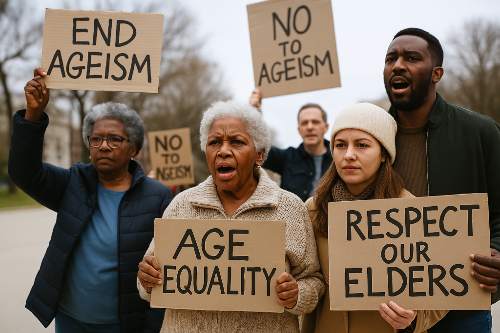 A group of people protesting. A diverse group of African American elders and allies gather outdoors, holding handmade signs during a peaceful protest for senior rights and health equity. Their expressions reflect strength, pride, and solidarity in the fight against ageism and racial bias.