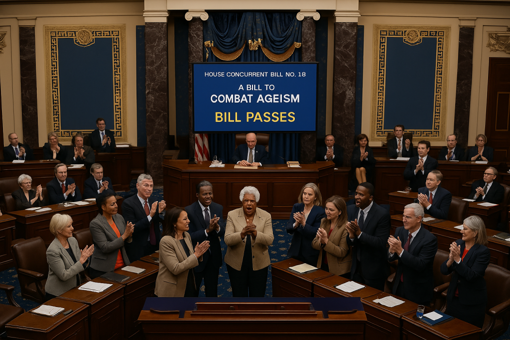 Bias and Brilliance at work. A view inside a congressional chamber where lawmakers actively vote and discuss new legislation aimed at combating ageism. The scene highlights civic process, policy change, and advocacy for elder justice.