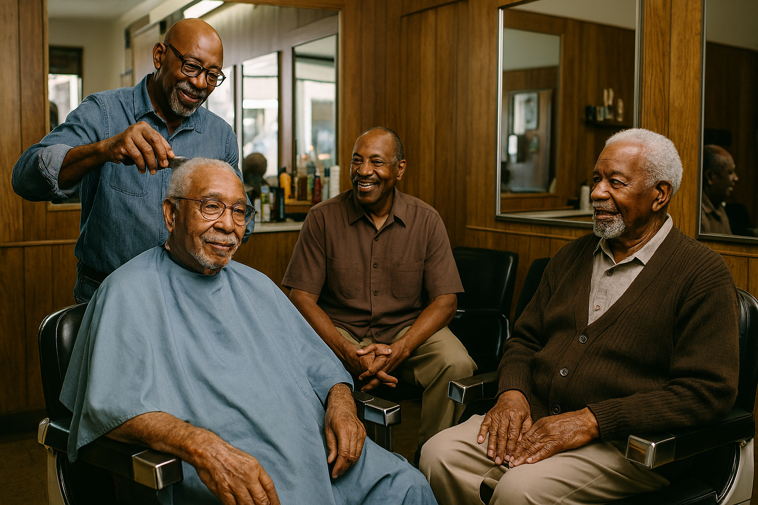 About ~ronnie legacy storyteller site you get an Inside a classic barbershop, three elderly Black men sit in barber chairs while a fourth trims hair with electric clippers. The room hums with warmth, camaraderie, and timeless rhythm.