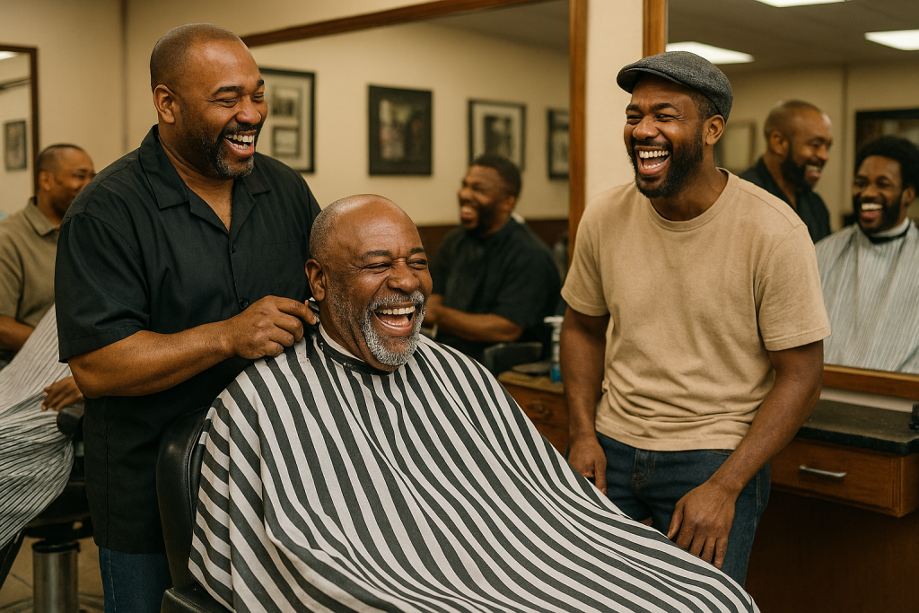 Legacy Storytelling for Black Elders: African American elderly men laughing together in a barbershop where they shared their cultural heritage.