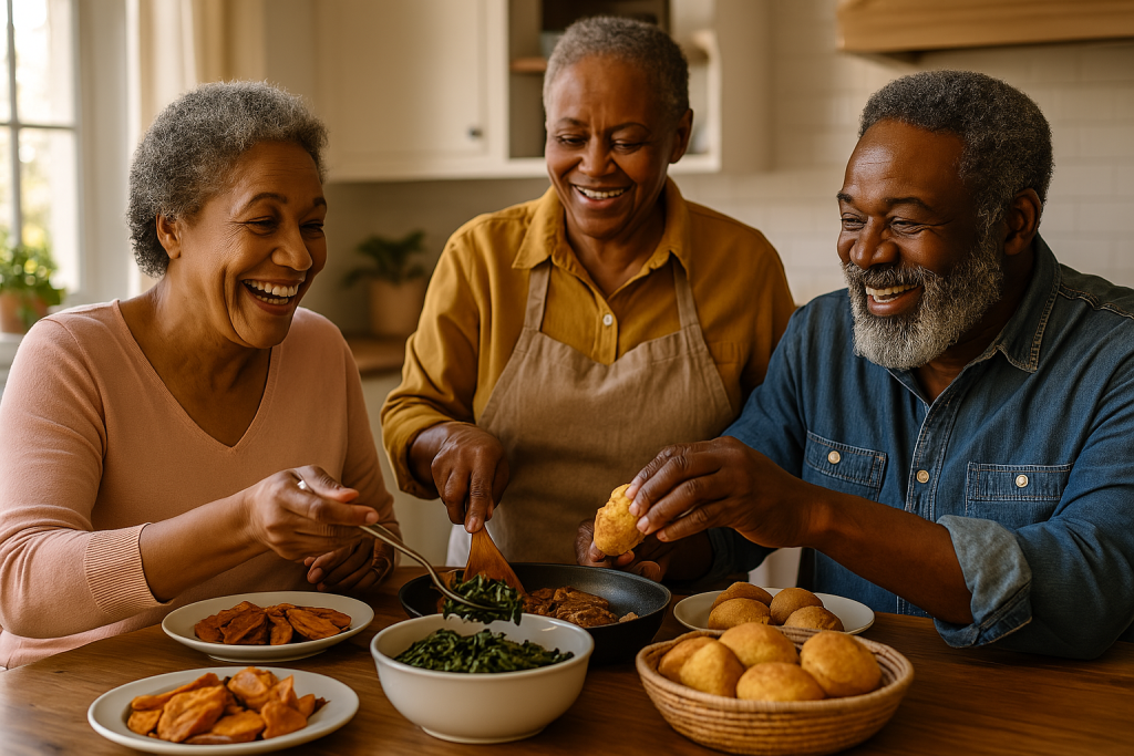 Group of African American Seniors in the Kitchen cooking. Health soul food being served. Greens and cornbread on a table surrounded by Elder African American woman and a African American man