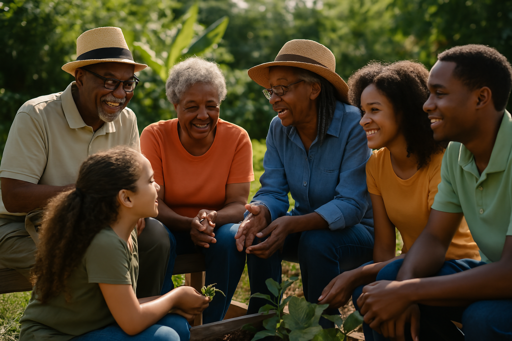 A group of African American elders and young people gather outdoors in a vibrant community garden.