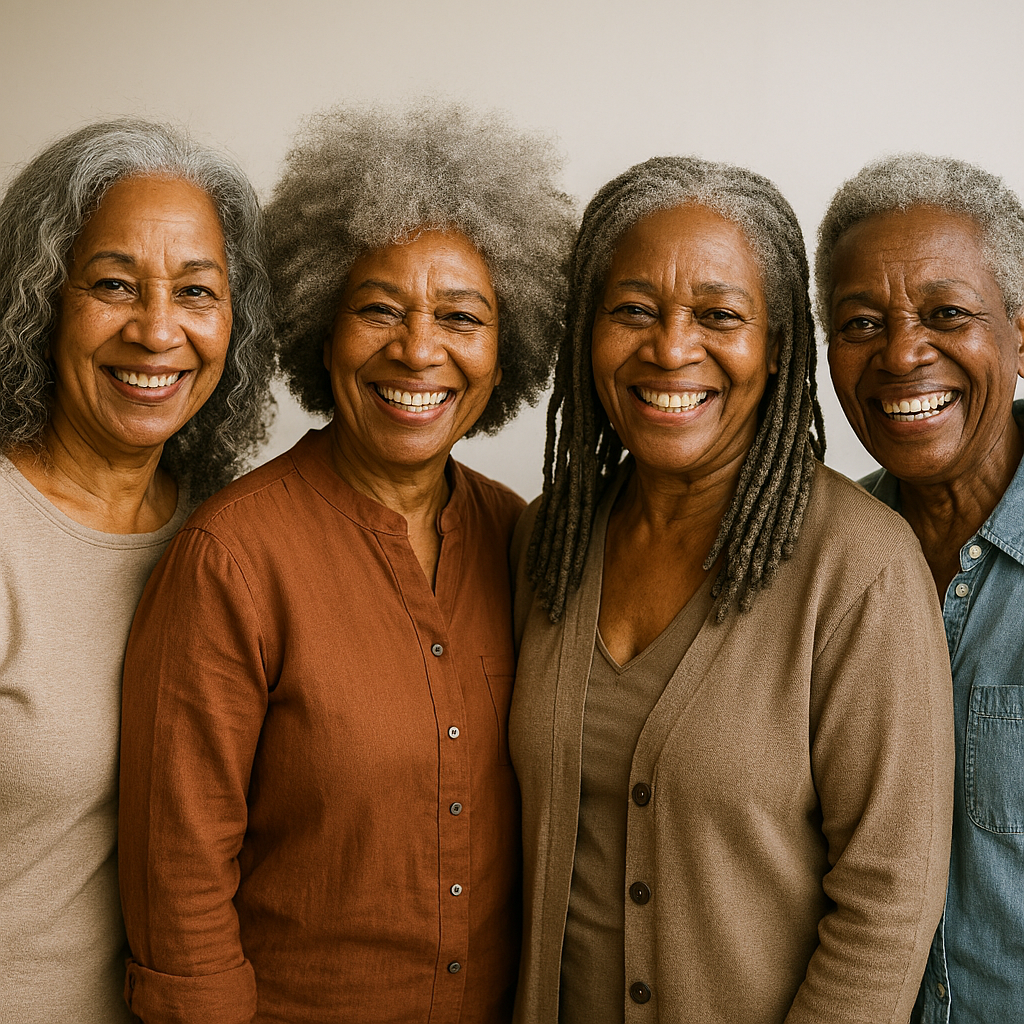 Legacy writing samples by ~ronnie. Four African American senior women with natural gray hair in varied textures—afro, waves, curls, and locs—stand together smiling against a neutral background, celebrating aging and beauty.