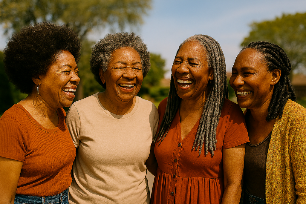 Legacy Storytelling for Black Elders: African American senior women smiling and embracing proudly displaying their platinum crown.