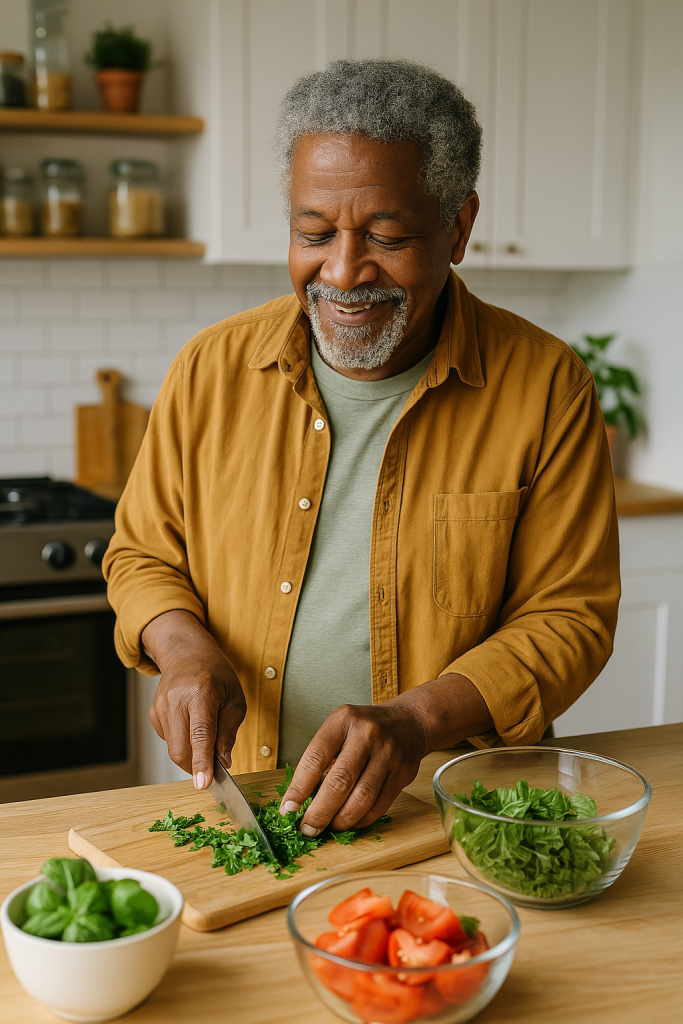 Black senior wellness through gardening and nutrition. An older Black adult smiles while chopping fresh herbs in a bright, modern kitchen. Surrounded by bowls of basil, spinach, and tomatoes, the scene radiates joy, health, and culinary pride.