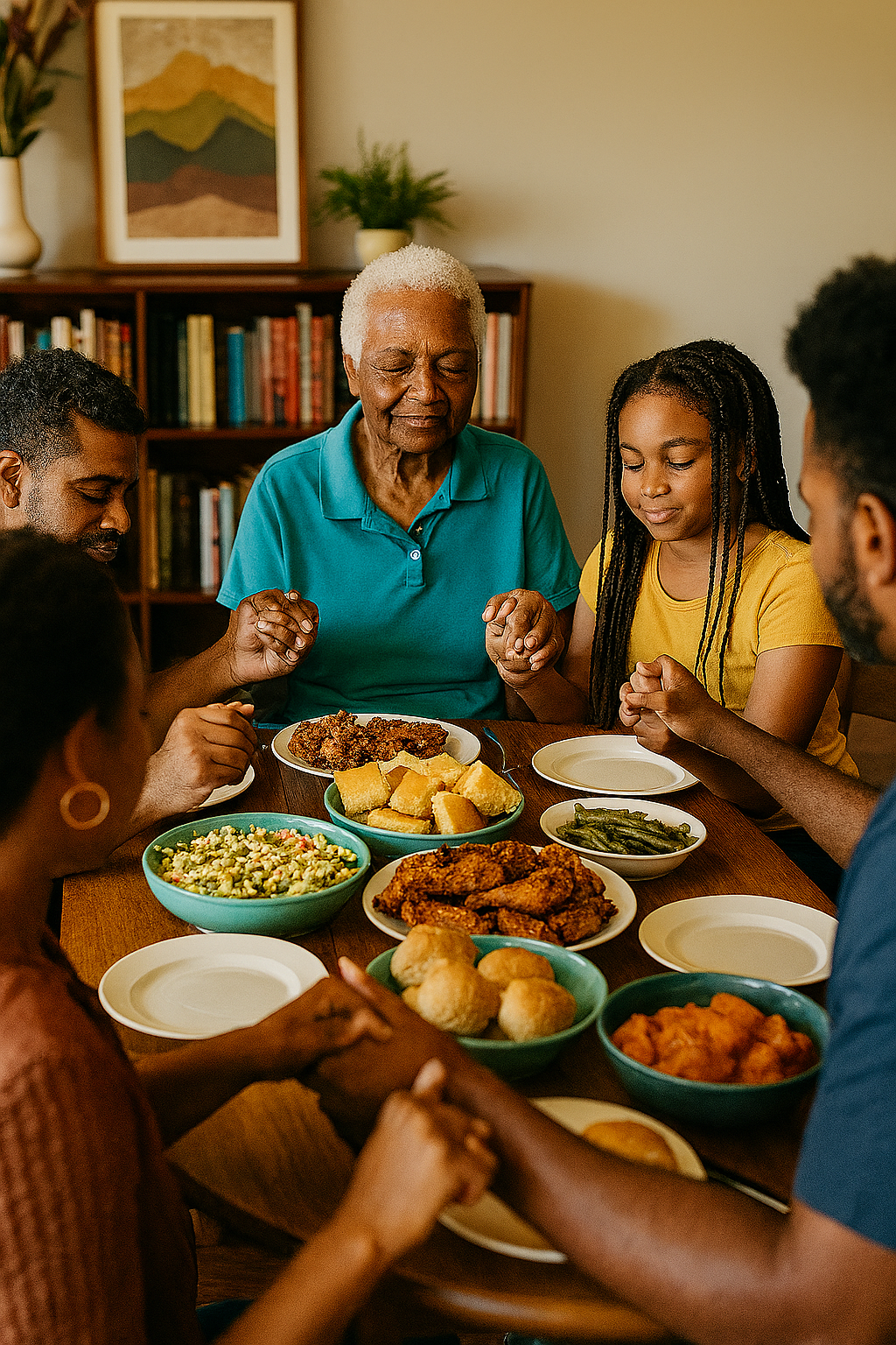 An African American family gathers around a wooden dining table for Sunday supper, holding hands in prayer before the meal. At the head of the table sits a Black elder woman with short white curls and a serene expression. She’s surrounded by three generations—children, teens, and adults—sharing warmth, tradition, and togetherness. The table is filled with fried chicken, cornbread, green beans, candied yams, and pasta salad. Sunlight fills the room, casting a golden glow over the family and their sacred