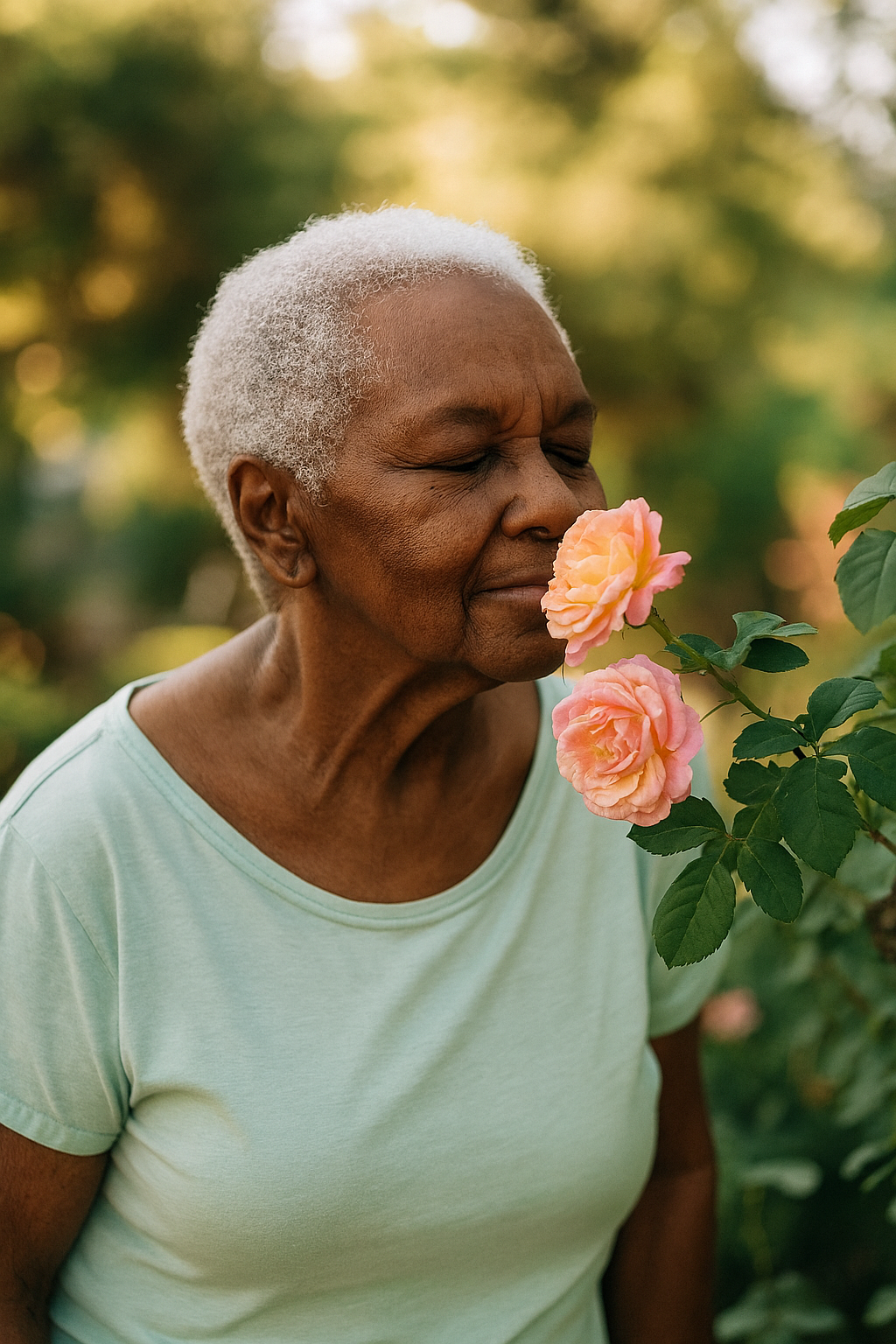 Alt Text (Fred Standard) An elderly African American woman with short white curls stands in a sunlit garden, gently smelling a cluster of pink and peach roses. Her eyes are closed, her posture relaxed, and her face glows with peace and quiet joy. She wears a soft mint green T-shirt, and the background is filled with warm light and blurred greenery.