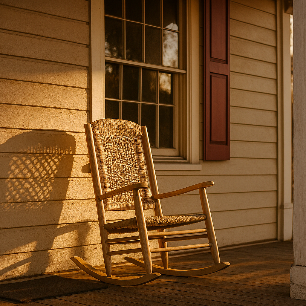 “Wicker rocking chair on a sunlit porch, casting long shadows across weathered wooden floorboards. A burgundy shutter and large window reflect bare trees in warm afternoon light.”