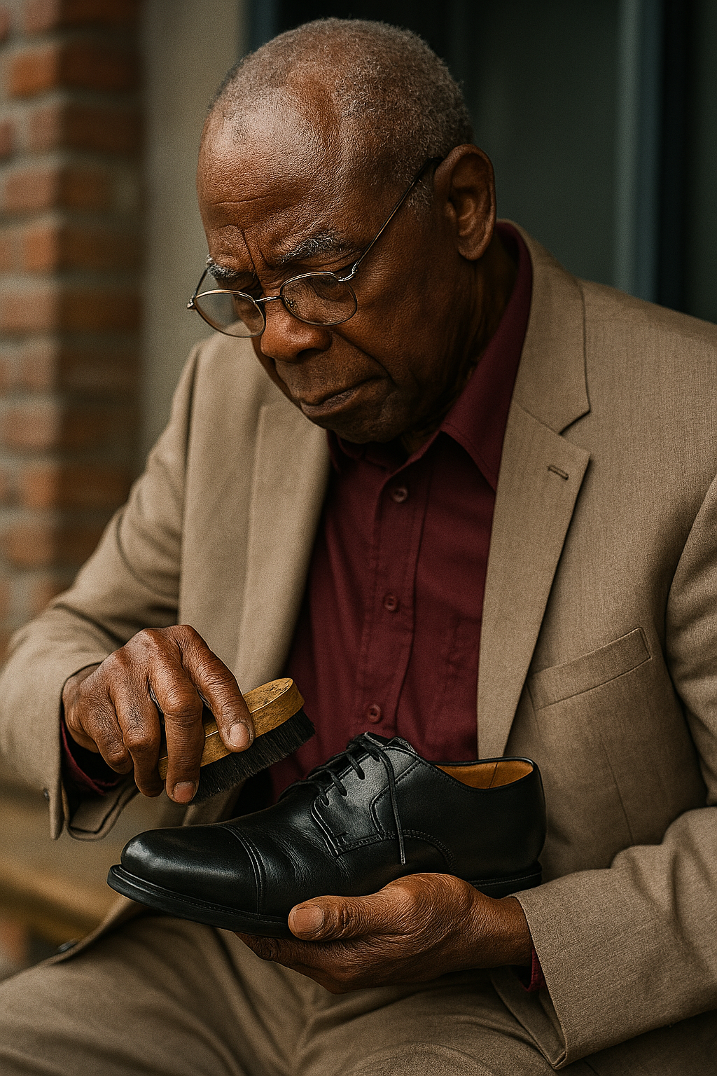 A dignified Black elder man sits on a porch in the afternoon, carefully shining a pair of black leather dress shoes. He wears a crisp white shirt, suspenders, and slacks. A small towel is draped over his knee, and a tin of polish rests beside him. The scene evokes pride, preparation, and cultural legacy.