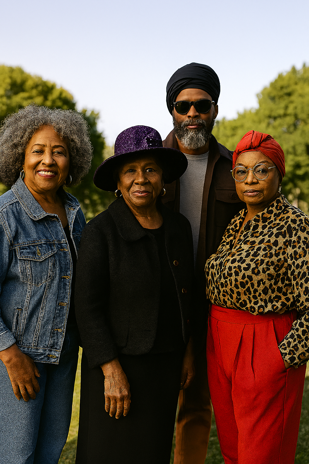 Four stylish Black elders standing outdoors in vintage-inspired fashion that reflects trends now popular again—denim jackets, bold church hats, wide-leg pants, and patterned blouses. Their confident poses and expressive outfits celebrate cultural pride and the enduring legacy of Black fashion.