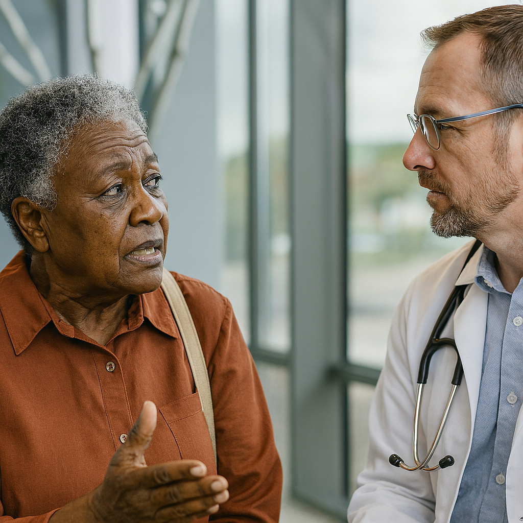 An older Black woman with natural silver hair speaks with a white doctor in a calm, respectful medical setting. She’s dressed with dignity, and the doctor listens attentively, holding a clipboard.