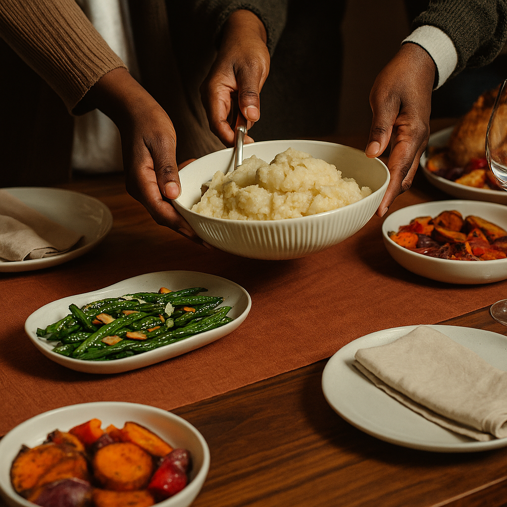 A warm, inviting Black family dining room set for Sunday dinner. The table is filled with traditional dishes like collard greens, cornbread, sweet potato pie, and roast. Elders and children are gathered around, some seated, some serving, with joyful expressions and gestures of care. The room features wood paneling, family photos on the wall, and soft golden lighting that evokes legacy and love.