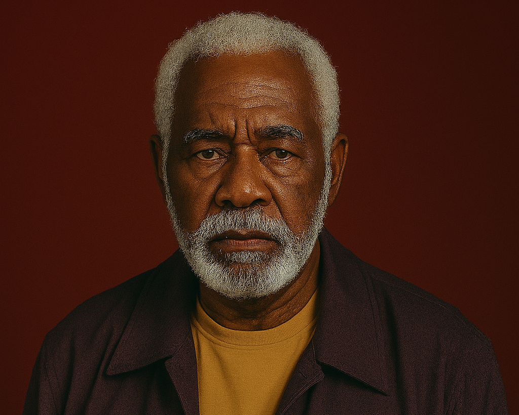 A realistic portrait of an older African American man with short white hair and a neatly trimmed white beard. He wears a deep purple blazer over a mustard-yellow crew-neck shirt. His expression is serious and contemplative, with furrowed brows and a steady gaze directed at the viewer. His skin is warm brown, and his face shows signs of age—wrinkles around the eyes, forehead lines, and full lips pressed together. The background is a solid deep red, creating a rich contrast with his clothing and skin tone. The lighting is soft and even, highlighting his features without harsh shadows.