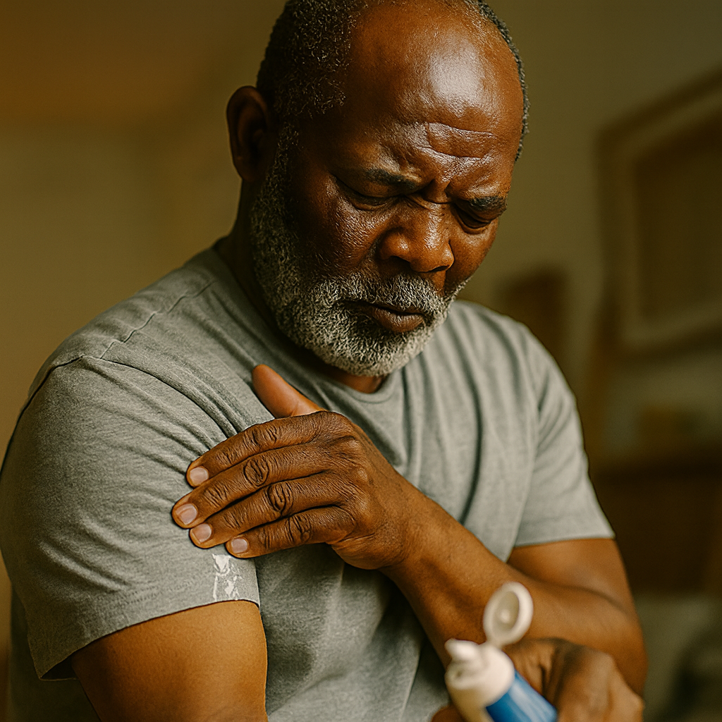 Old Black Man rubbing BenGay on his arm