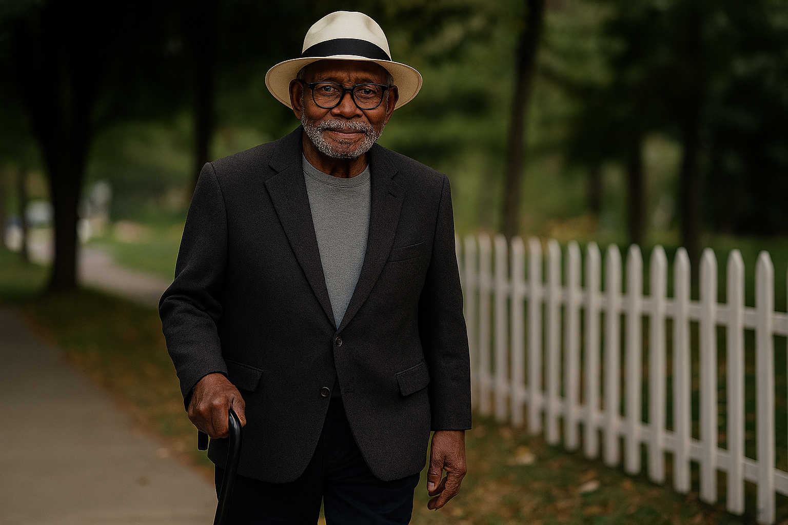 An older African American man walks with a cane along a suburban sidewalk, wearing a fedora and blazer, framed by trees and a white picket fence.