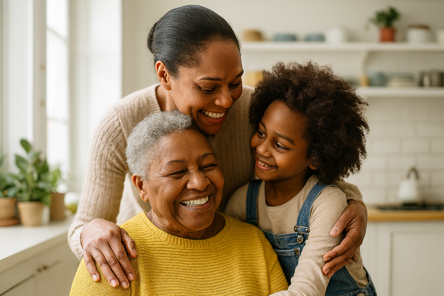 Three generations of a Black family share a joyful moment in a sunlit kitchen. A Gen X caregiver stands behind her elderly mother, arms wrapped gently around her shoulders, while a young girl leans in from the side with a bright smile. The elder is seated, eyes closed and beaming, wrapped in love and legacy. The space is cozy and modern, with cultural touches and natural light pouring in—capturing the grit, grace, and rhythm of caregiving across generations.