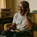 A joyful Black man in his 60s sits in a warm, lived-in living room surrounded by vinyl records, cassette tapes, and a vintage stereo system. He wears headphones, eyes closed, smiling with nostalgia as sunlight filters through the window. The scene evokes emotional grounding, cultural pride, and the healing rhythm of memory.