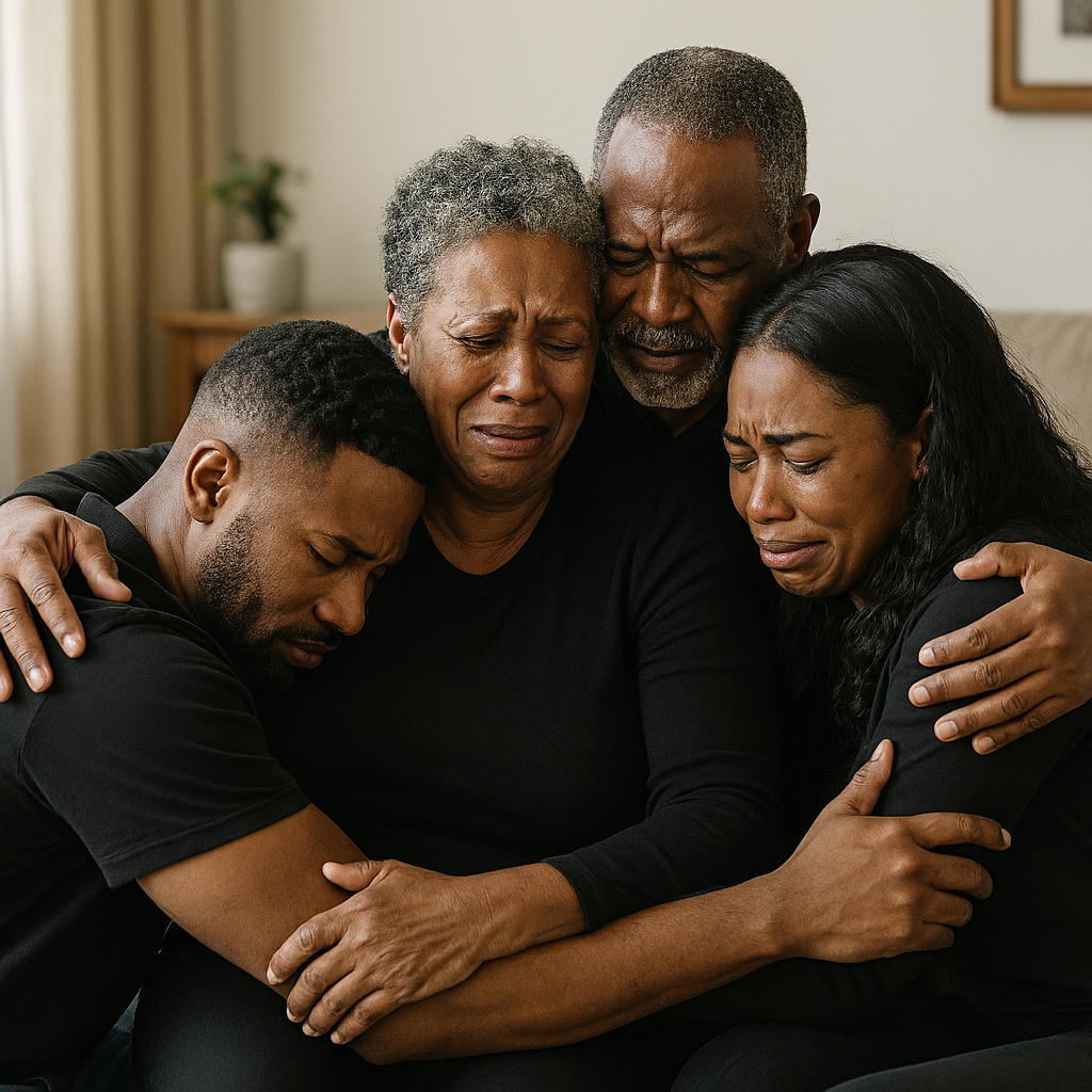 A group of people hugging each other A realistic scene of a Black family gathered closely in a softly lit living room, embracing one another in shared grief. An older woman sits at the center, crying into the shoulders of her loved ones as they hold her tightly. Two adults stand behind her with their arms wrapped around the group, while a younger man and woman sit on either side, leaning in with quiet strength. The room is warm and home‑like, with neutral walls, a sofa, and gentle natural light filling the space. The mood is heavy, intimate, and full of love.