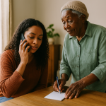 A realistic scene of a younger Black woman sitting at a kitchen table, talking on the phone with a focused expression. Beside her, an older Black woman gently places a pen and a small notepad on the table, offering quiet support. Soft morning light fills the room, creating a warm, everyday home atmosphere. Both women appear calm and connected, capturing a generational moment of care and preparedness. Two people sitting at a table