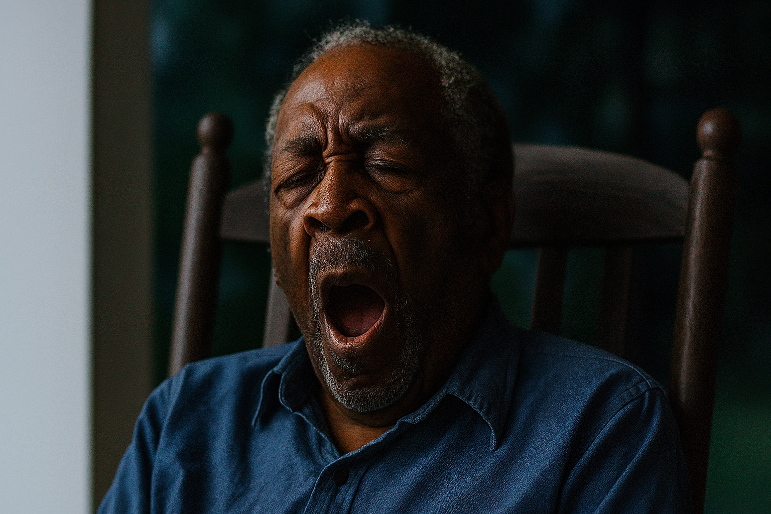 An elderly African American man sits peacefully on a wooden rocking chair on a porch at night. He wears a soft blue shirt and stylish hat, with salt-and-pepper hair and a gentle yawn on his face. The lighting is warm and nostalgic, capturing the quiet dignity of aging with rhythm and pride.