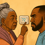 A cozy living room scene featuring a Black elder wrapped in a shawl, seated near a closed air vent. A Gen X caregiver stands nearby, fanning themselves with a smile. The room radiates cultural warmth, with family photos, soft lighting, and a visible sense of generational love and temperature tension.