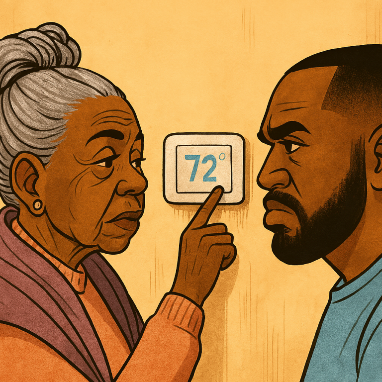 A cozy living room scene featuring a Black elder wrapped in a shawl, seated near a closed air vent. A Gen X caregiver stands nearby, fanning themselves with a smile. The room radiates cultural warmth, with family photos, soft lighting, and a visible sense of generational love and temperature tension.