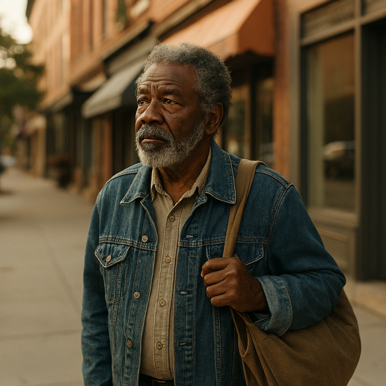 An elderly African American man stands on a sunlit city sidewalk, gazing into the distance with a thoughtful expression. He wears a denim jacket and carries a canvas tote bag over his shoulder. The background features brick storefronts, trees, and parked cars, softly blurred in warm afternoon light.