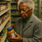 A realistic portrait of an elderly Black woman standing in a grocery store aisle, examining a jar of sauce with quiet focus. She wears a gray wool coat over a green collared sweater, her short white hair softly curled. Her expression is serious and discerning, reflecting wisdom and lived experience. The shelves behind her are stocked with everyday goods, and the lighting is warm and natural. The moment captures practical spending, cultural pride, and the legacy of knowing what things should actually cost.