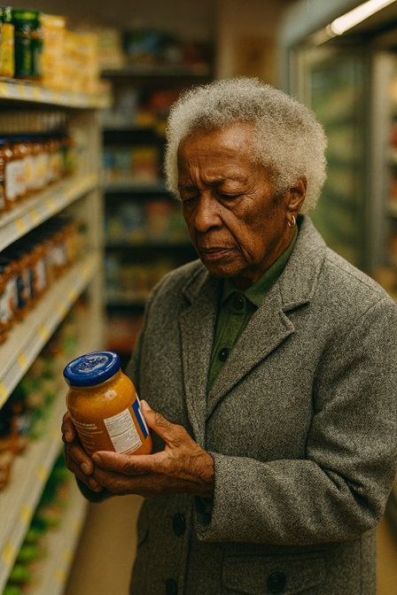 A realistic portrait of an elderly Black woman standing in a grocery store aisle, examining a jar of sauce with quiet focus. She wears a gray wool coat over a green collared sweater, her short white hair softly curled. Her expression is serious and discerning, reflecting wisdom and lived experience. The shelves behind her are stocked with everyday goods, and the lighting is warm and natural. The moment captures practical spending, cultural pride, and the legacy of knowing what things should actually cost.