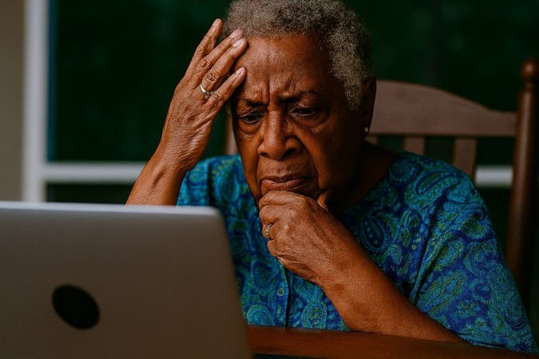 An elderly African American woman sits at a wooden table during the day, staring at a silver laptop with a puzzled and slightly frustrated expression. She wears a vibrant blue and green patterned blouse and gold earrings, with short silver curls framing her face. One hand rests on her cheek, the other touches her forehead. The soft natural light highlights her furrowed brow and thoughtful gaze. Behind her, a window reveals lush greenery, while the desk around her is cluttered with everyday items. The image captures the emotional tension of navigating unfamiliar technology with dignity and grace
