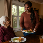 An African American Gen X caregiver with long dreadlocks serves a joyful late-morning lunch to her elder at a cozy kitchen table. The elder, dressed in a burgundy sweater, smiles warmly as she receives a plate of fried chicken, mashed potatoes, and green beans. Sunlight pours through the window, casting a soft glow on their shared moment of care, rhythm, and cultural pride.