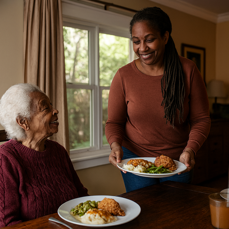 An African American Gen X caregiver with long dreadlocks serves a joyful late-morning lunch to her elder at a cozy kitchen table. The elder, dressed in a burgundy sweater, smiles warmly as she receives a plate of fried chicken, mashed potatoes, and green beans. Sunlight pours through the window, casting a soft glow on their shared moment of care, rhythm, and cultural pride.