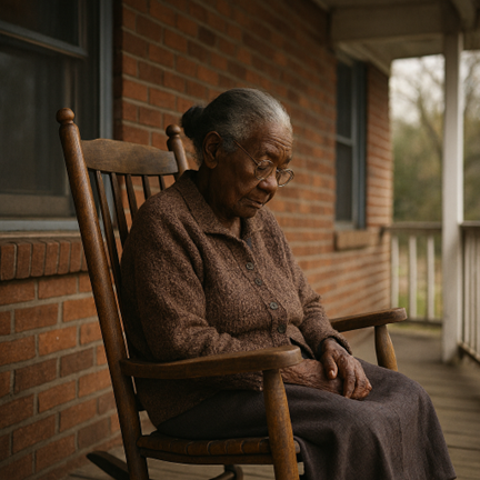 An elderly African American woman sits alone in a wooden rocking chair on a front porch, wearing a cardigan and glasses, surrounded by warm afternoon light.