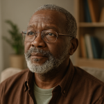 A realistic portrait of an African American elder sitting in a warm, lived‑in living room, wearing glasses and a brown shirt, looking slightly upward with a calm, thoughtful expression. The background shows a beige couch, a bookshelf, and soft natural light coming through a curtain.
