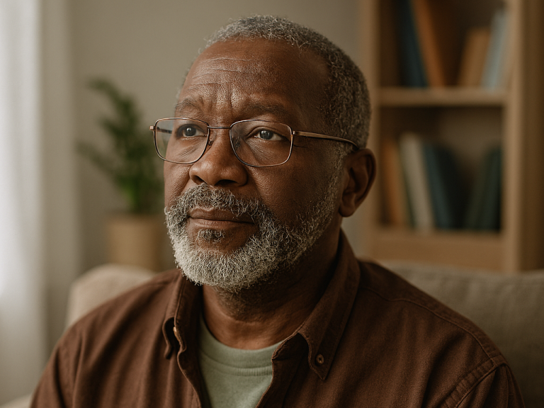 A realistic portrait of an African American elder sitting in a warm, lived‑in living room, wearing glasses and a brown shirt, looking slightly upward with a calm, thoughtful expression. The background shows a beige couch, a bookshelf, and soft natural light coming through a curtain.