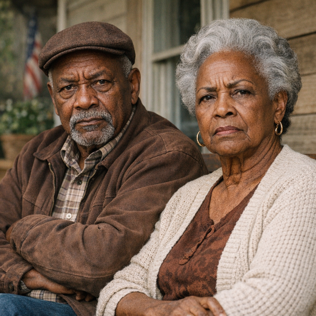 A realistic portrait of an elderly African American couple sitting close together on a wooden porch, both wearing calm but stern expressions. The man sits with his arms folded, dressed in a brown cap and jacket, while the woman rests her hands in her lap, wearing a cream cardigan. Their steady gaze carries the quiet authority, wisdom, and unspoken strength of elders who have led a family for decades.