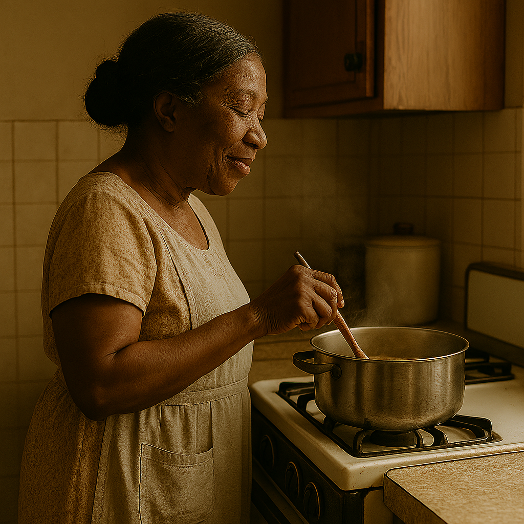 A Black mother in her late 50s cooking at a vintage stove in a modest kitchen. She stands in profile, gently stirring a steaming pot with a wooden spoon, her eyes closed and a soft smile on her lips. Her posture is calm and focused, and she wears a floral house dress with a light apron. Warm light fills the room, highlighting her high cheekbones and gray-streaked hair pulled into a neat bun. The scene captures the quiet strength and grace of a woman teaching through action and silence.