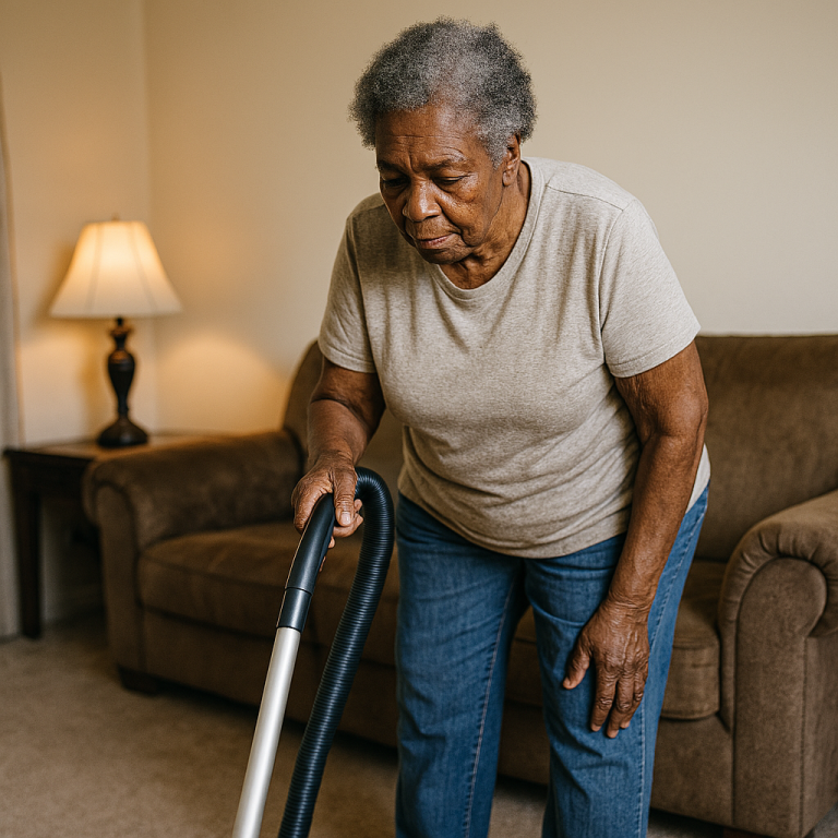 A realistic image of an older Black mother vacuuming her living room, moving slowly but with dignity. She holds the vacuum with both hands while standing on a beige carpet. A brown sofa, a lit table lamp, and soft natural lighting create a warm, home-like atmosphere.
