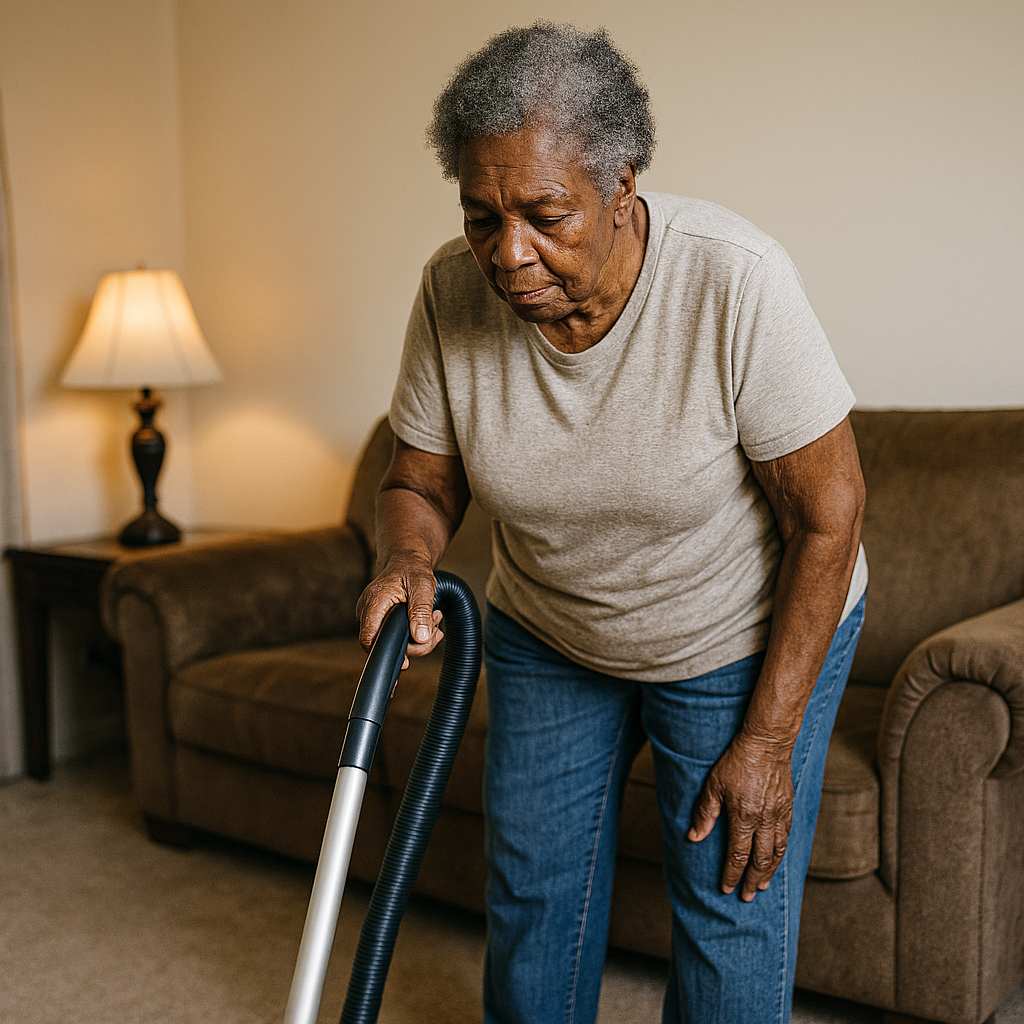 A realistic image of an older Black mother vacuuming her living room, moving slowly but with dignity. She holds the vacuum with both hands while standing on a beige carpet. A brown sofa, a lit table lamp, and soft natural lighting create a warm, home-like atmosphere.