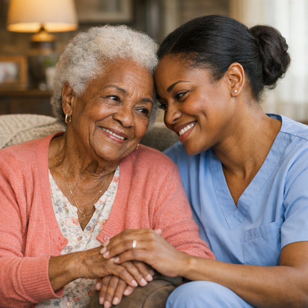 A realistic image of an elderly Black woman sitting closely with her younger Black caregiver, their heads gently touching as they hold hands in a warm, sunlit living room. The elder’s expression is soft and grateful, while the caregiver looks at her with quiet patience and love.