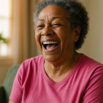 Black elder laughing with deep joy, captured in soft sepia tones.