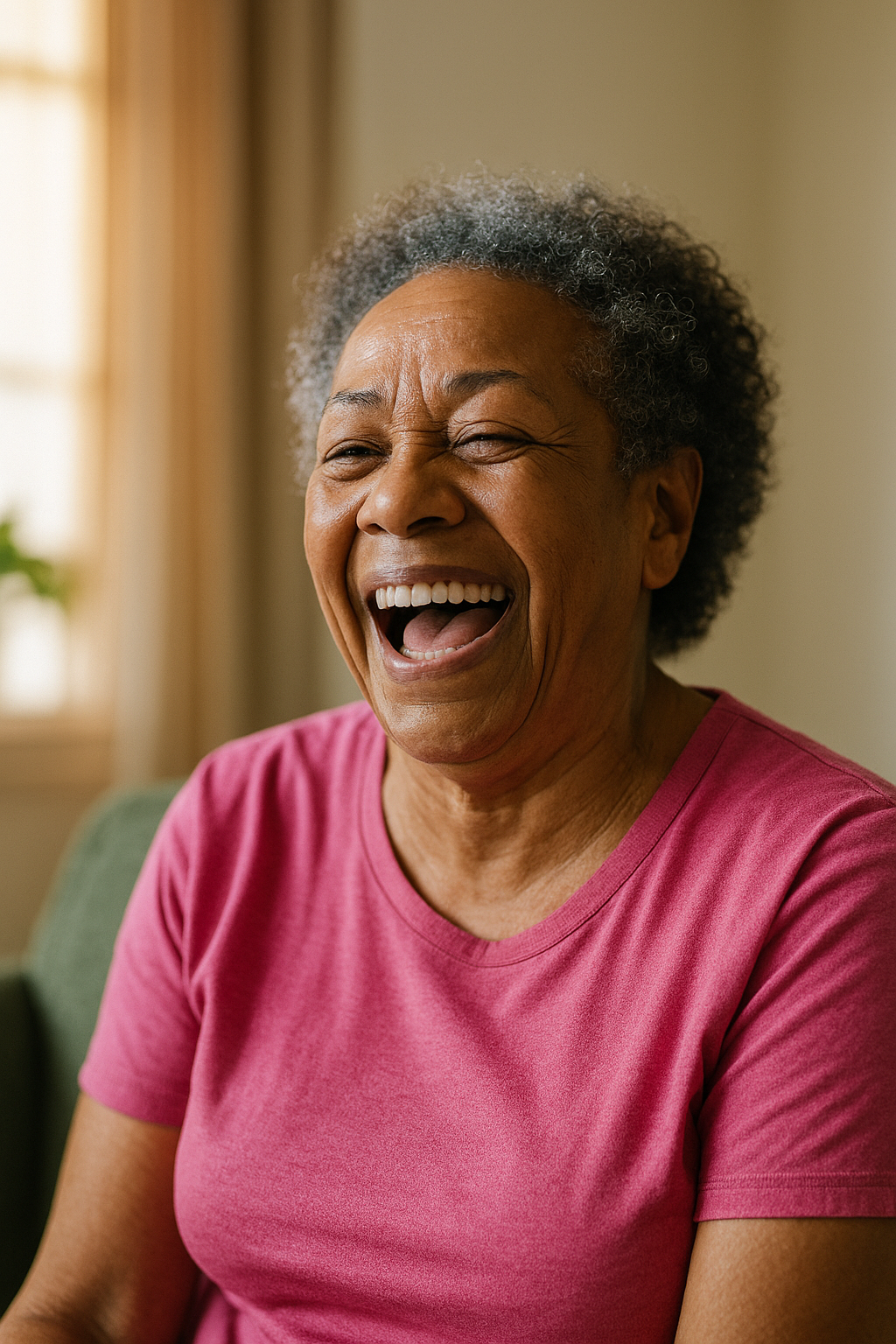 Black elder laughing with deep joy, captured in soft sepia tones.
