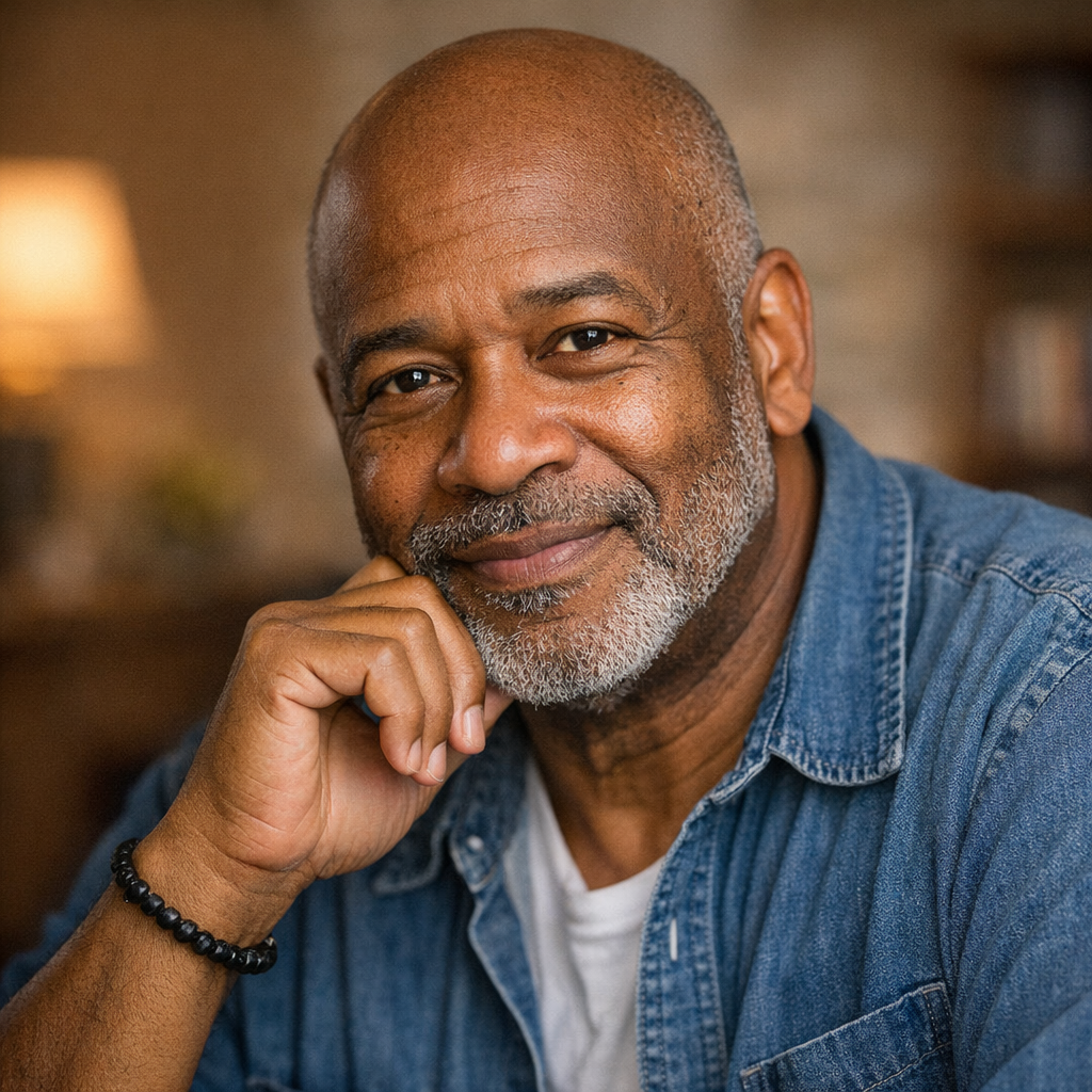 A close‑up portrait of an older African American man sitting in warm indoor light, resting his chin on his hand with a calm, thoughtful expression. He wears a denim shirt over a white T‑shirt, with a blurred background of soft golden lighting and a bookshelf behind him.