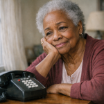 A realistic portrait of an elderly African American woman sitting at a wooden table, gazing quietly at a vintage black landline telephone in front of her. Her expression is contemplative and wistful, with her chin resting gently on her hand. Soft natural light from a nearby window casts a warm glow on her face, highlighting the quiet longing in her eyes as she waits for a call that may or may not come.