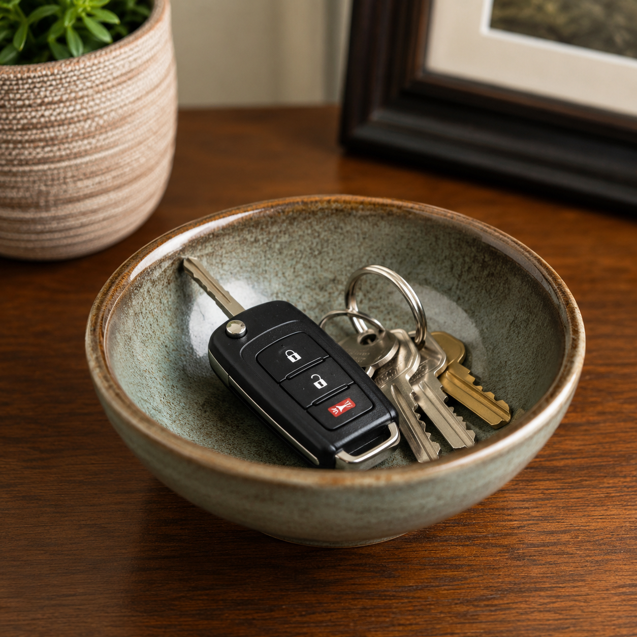A set of car keys in a bowl on a wooden table representing a loss of independence