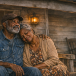 A realistic portrait of an elderly Black couple sitting close together on a weathered wooden porch in warm evening light. The man wears a faded denim shirt and a brown cap, gazing into the distance with a thoughtful expression. The woman leans her head gently on his shoulder, eyes closed, wearing a beige cardigan and patterned dress. His arm wraps around her with quiet strength. The background shows a softly lit window and an old rocking chair, casting a warm glow across the porch.